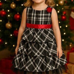 Cherokee 2t Dress Black Plaid Holiday Party Red Bow Tulle Ruffle Christmas